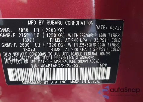 2025 Subaru Outback Touring from USA, damaged, VIN 4S4BTAPC7S3258535